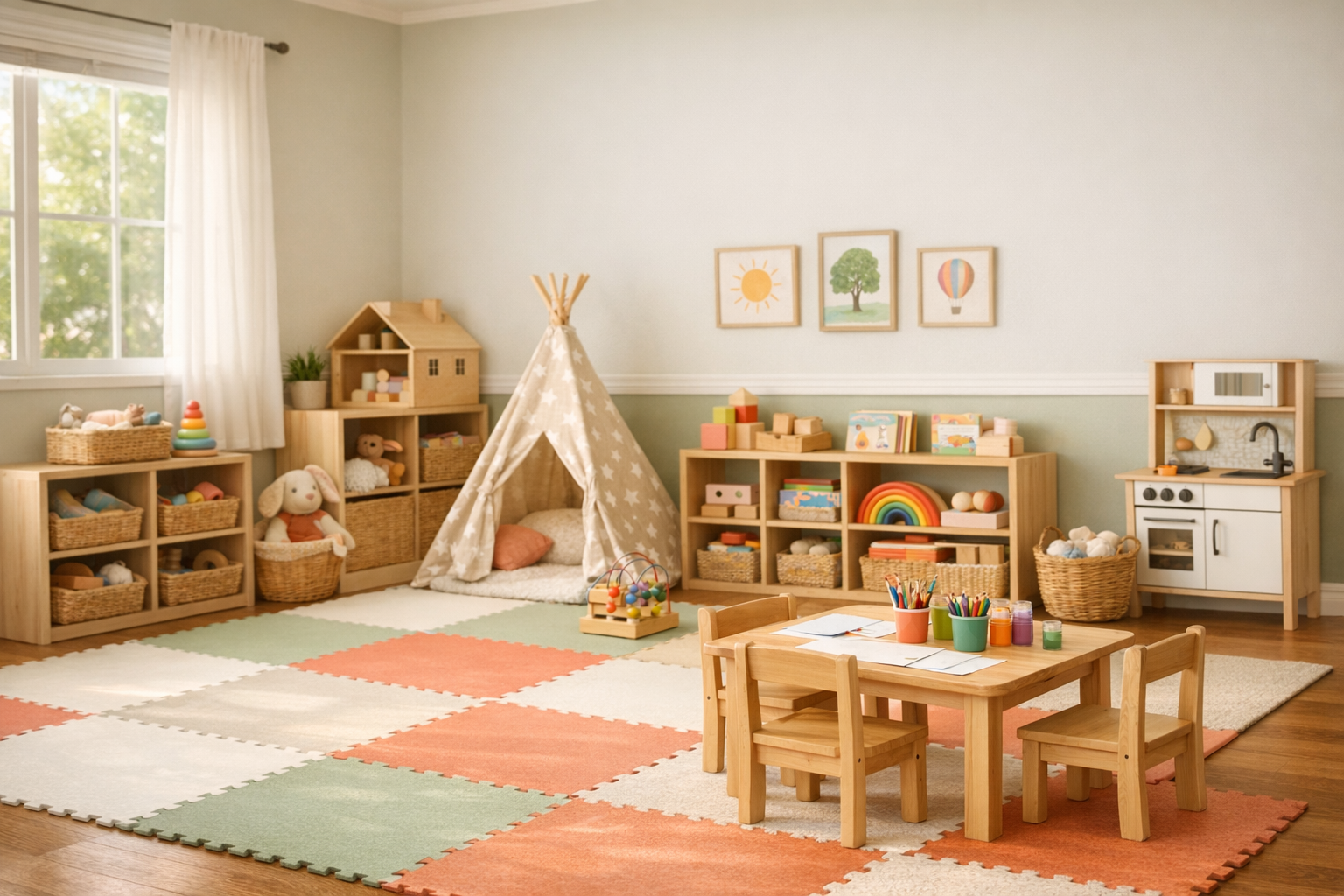 A bright, tidy home daycare playroom with books, toys, and child-safe play areas.